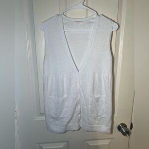 Eileen Fisher Linen Cotton Sweater Vest White Button Front Pockets PL
